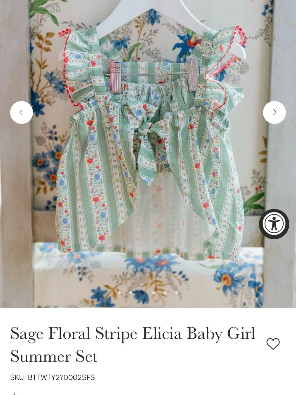 La Coqueta Sage Floral Stripe Elicia Baby Girl Summer Set 18M Green Red White